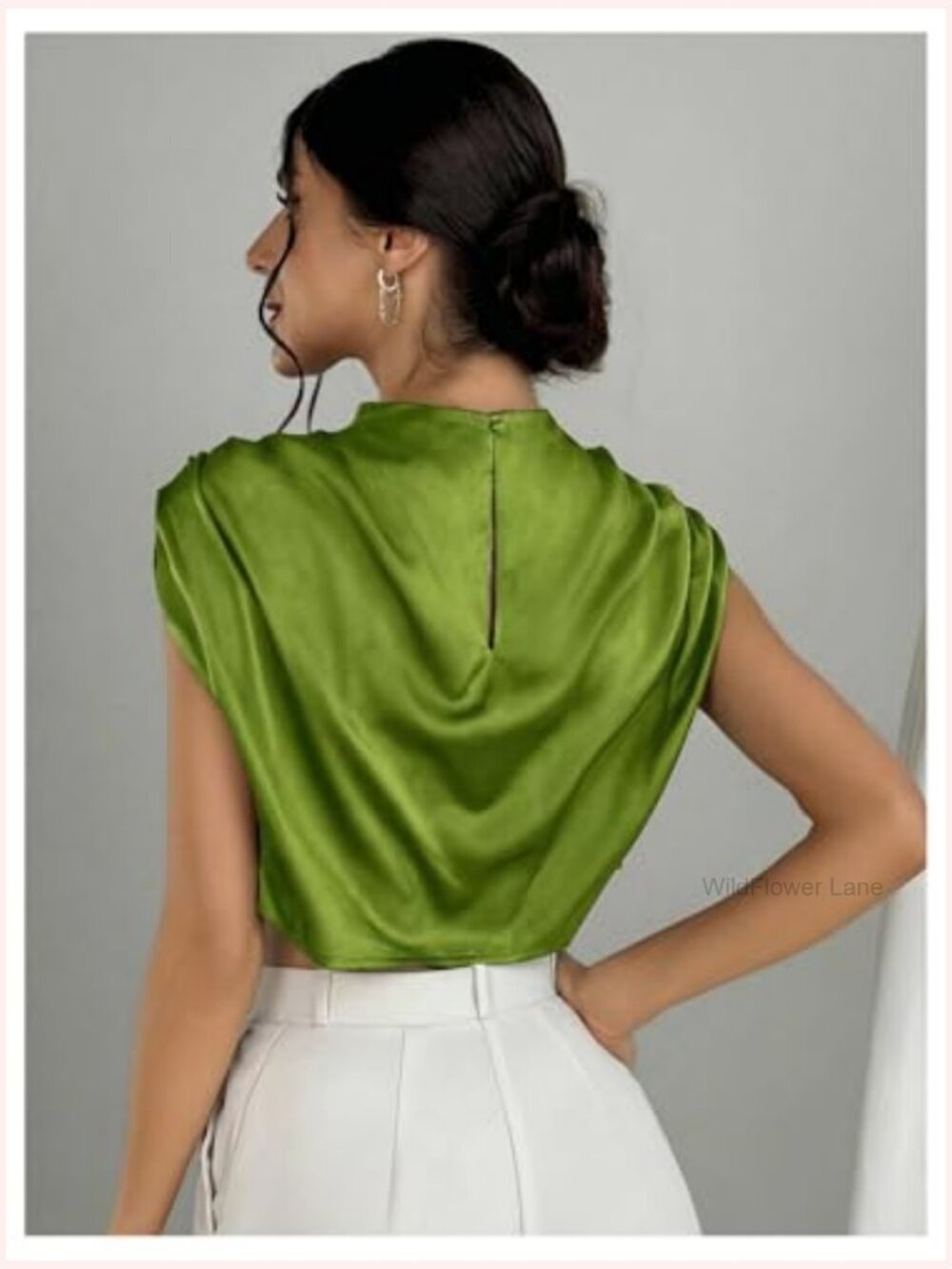 Satin Crop Top Mock Neck Blouse Ruched Cap Sleeve Dressy Work Shirt - Picture 2 of 7